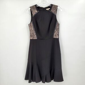 Shoshanna Black Lace and Leather Detail Dress